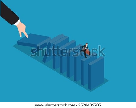 Risk management vector concept: Businessman running above the falling business chart pillars 3d isometric vector illustration