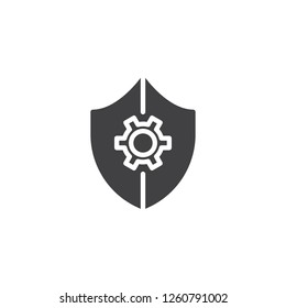 Risk management vector icon. filled flat sign for mobile concept and web design. Shield with gear simple solid icon. Symbol, logo illustration. Pixel perfect vector graphics