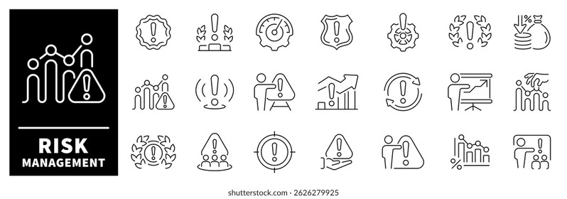 Risk management vector icons. Risk management icons set in line style. Analysis, investment, minimizing losses, plan, low cost, risk  related icons