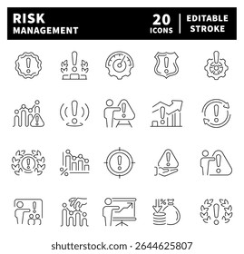 Iconos vectoriales de gestión de riesgos. Iconos de gestión de riesgos establecidos en estilo de línea. Análisis, inversión, minimización de pérdidas, Plan, Bajo costo, iconos relacionados con el riesgo
