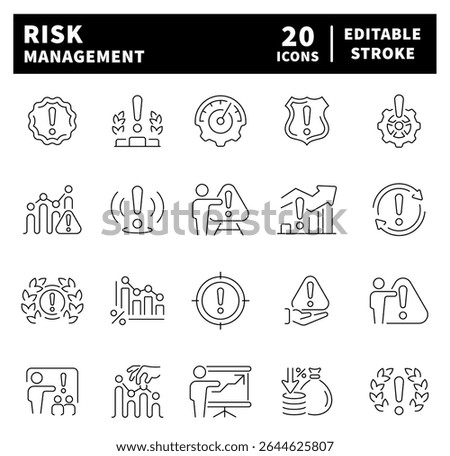Risk management vector icons. Risk management icons set in line style. Analysis, investment, minimizing losses, plan, low cost, risk  related icons