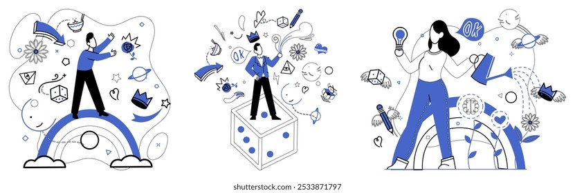 Risk management vector illustration. Solving puzzle risky situations requires analytical tools risk management in business Economy, like tempestuous sea, requires sturdy ship steered by compass risk