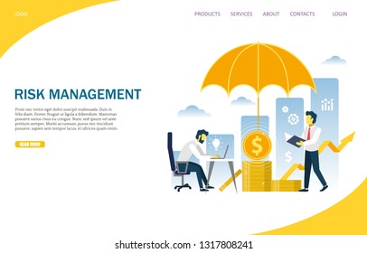 Risk management vector website template, web page and landing page design for website and mobile site development. Process of identifying, monitoring and managing potential risks.
