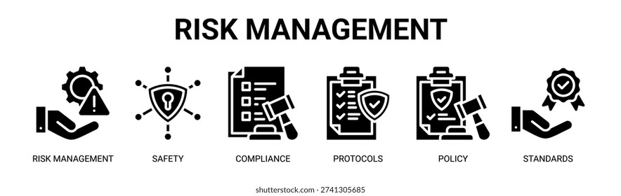Risk Management web banner icon vector illustration concept with icons of risk management, safety, compliance, protocols, policy, and standards.