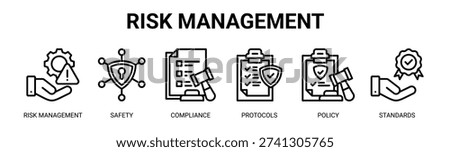Risk Management web banner icon vector illustration concept with icons of risk management, safety, compliance, protocols, policy, and standards.