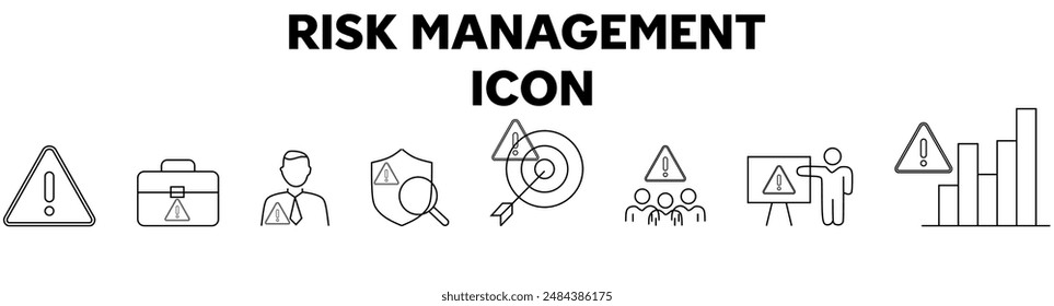 Risk Management web icon set in line style. Risk analysis, risk investment, minimizing losses, plan, low cost, collection. Vector illustration.