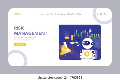 Risk Management web or landing page. A crypto trading bot is illustrated managing risks with precision, as indicated by market charts and a symbolic cut of potential losses. Vector illustration