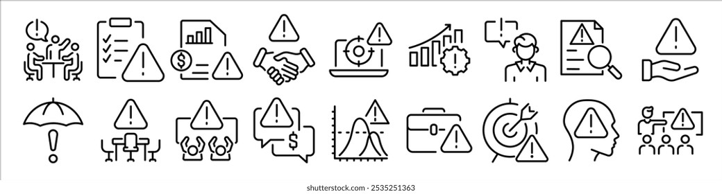 Ícone de linha da Web Gerenciamento de riscos. Análise de risco, investimento de risco, minimização de perdas, plano, baixo custo, cobrança. Ilustração vetorial.
