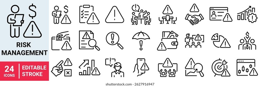 Icono de línea de Web de gestión de riesgos. Análisis de riesgo, inversión de riesgo, minimización de pérdidas, Plan, Bajo costo, colección. Ilustración vectorial.