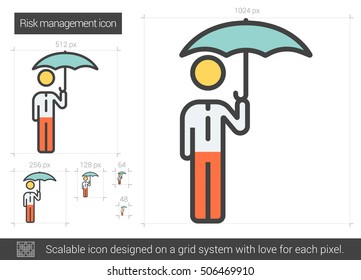 Risikomanagement, Vektorsymbol einzeln auf weißem Hintergrund. Risk Management Line Symbol für Infografik, Website oder App. Skalierbares Symbol, das auf einem Gittersystem entworfen wurde.