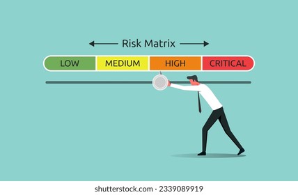 Risk matrix management with impact category low, medium, high and critical. Risk assessment and safety with businessman pushes risk indicator to low 