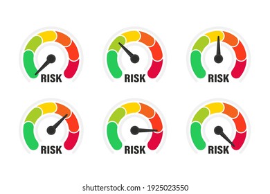 Risk meter. Risk concept on speedometer, vector illustration. Scale low, medium or high risk on speedometer. Set of gauges from low to high. Minimum to Maximum. Min Max. Customer satisfaction meter