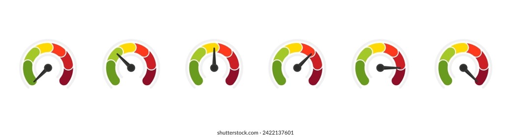 Risk meter. Risk concept on speedometer, vector illustration. Scale low, medium or high risk on speedometer. Set of gauges from low to high. Minimum to Maximum. Min Max. Customer satisfaction meter