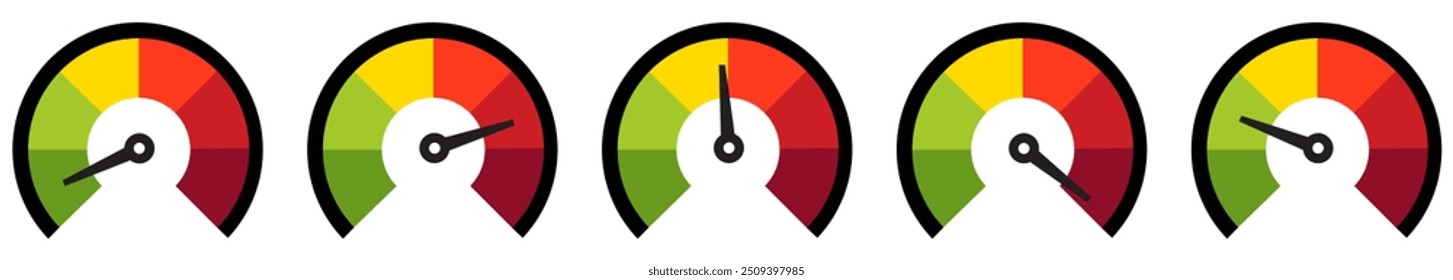 Risk meter. Risk concept on speedometer, vector illustration. Scale low, medium or high risk on speedometer. Set of gauges from low to high. Minimum to Maximum. Min Max. Customer satisfaction meter.