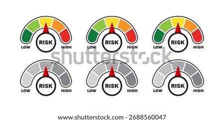 Risk Meter Gauge Set. Low, Medium, and High Level Indicators