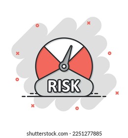 Risk meter icon in comic style. Rating indicator cartoon vector illustration on white isolated background. Fuel level sign splash effect business concept.