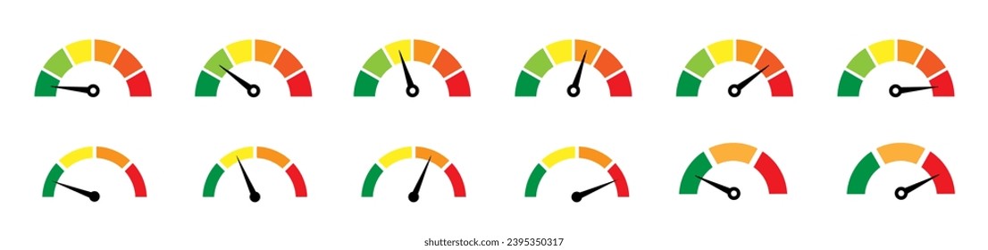 Risk meter icon set. Risk concept on speedometer. Set of gauges from low to high.  Vector illustration.