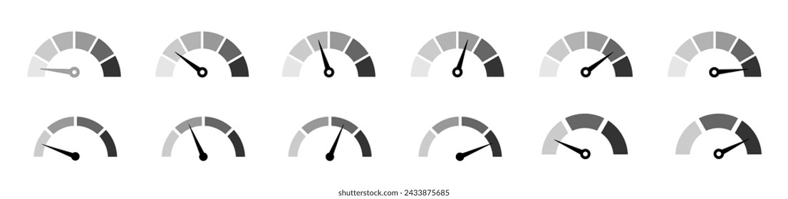 Conjunto de iconos del medidor de riesgo. Concepto de riesgo en el velocímetro. Juego de indicadores de bajo a alto.  Ilustración vectorial.