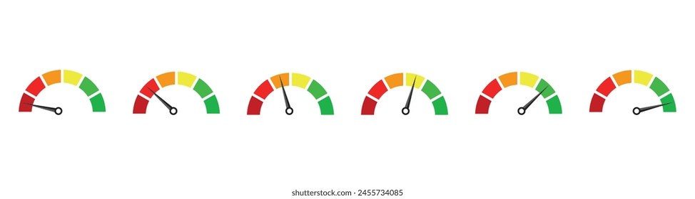 Conjunto de iconos del medidor de riesgo. Concepto de riesgo en el velocímetro. Juego de indicadores de bajo a alto. Ilustración vectorial.