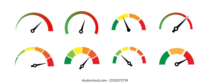 Conjunto de iconos de medidor de riesgo. Concepto de riesgo en el velocímetro. Conjunto de medidores de bajo a alto.  Ilustración vectorial.