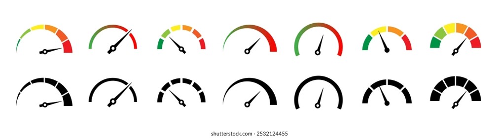 Ícone de medidor de riscos definido. Conceito de risco no velocímetro. Conjunto de medidores de baixo para alto.  Ilustração vetorial.