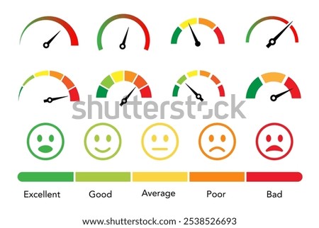 Risk meter icon set. Risk concept on speedometer. Rating emojis set. Set of gauges from low to high.  Vector illustration.