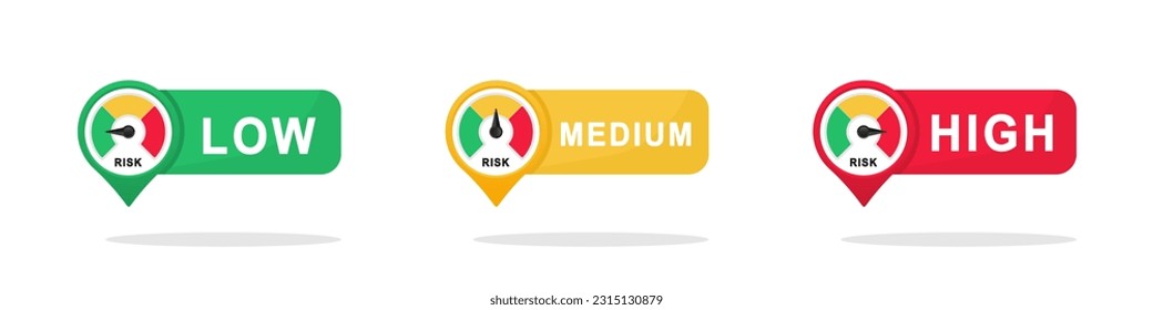 Risk meter icon set. Scale Low, Medium or High risk on speedometer. Risk concept on speedometer. Set of gauges from low to high. Minimum to Maximum. Vector illustration.