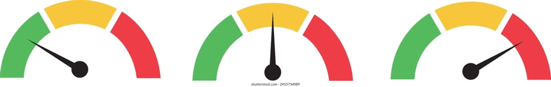 Risk meter icon set. Scale Low, Medium or High risk on speedometer, Set of gauges from low to high. Vector illustration.