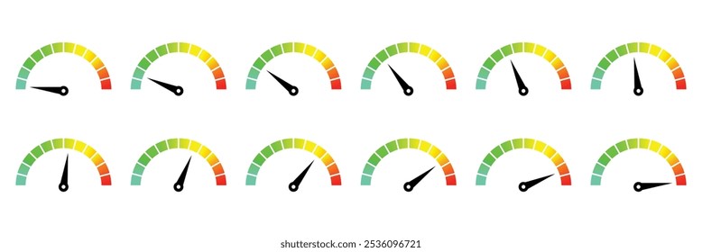 Ícone de medidor de riscos definido. Escala de baixo, médio ou alto risco no velocímetro, conjunto de medidores de baixo para alto. Ilustração vetorial.