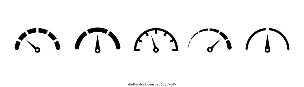 Risk meter icon set. Scale Low, Medium or High risk on speedometer, Set of gauges from low to high. Vector illustration.