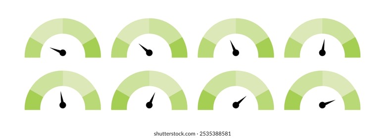  Conjunto de iconos de medidor de riesgo. iconos de velocímetro .  Escala Riesgo bajo, Mediano o alto en el velocímetro. Señal de velocidad rápida.