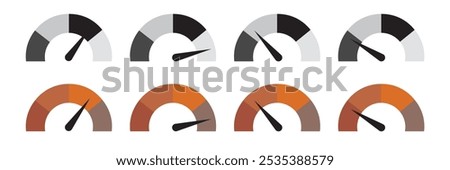  Risk meter icon set. speedometer icons .  Scale Low, Medium or High risk on speedometer. Fast speed sign.