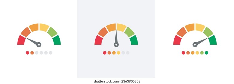 Risk meter icon set.Performance Dashboard colourful indicator sign. Risk concept on speedometer. Scale low, medium or high risk on speedometer icons.Risk level gauge.vector illustration
