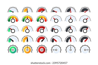 Risk meter icons. Efficiency meter signs. Performance measurement. Customer satisfaction. Vector scalable graphics