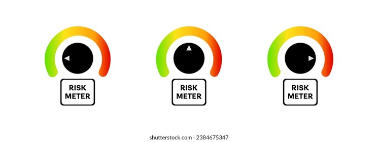 Risk meter icons. Flat, color, risk meter indicators, small, medium and large risk. Vector icons