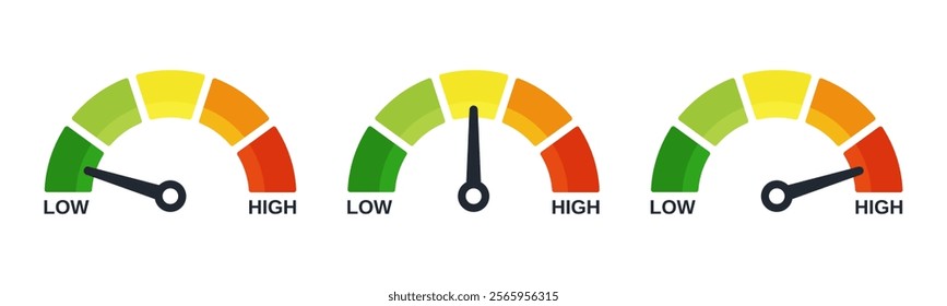 Risk meter from low to high level vector illustration set isolated on white background.