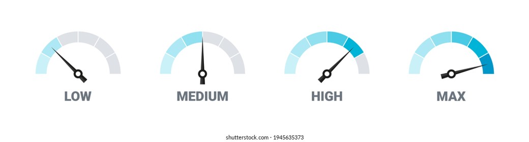 Risk meter. Satisfaction meter. Speedometer scale. Set of gauges from low to high. Vector illustration