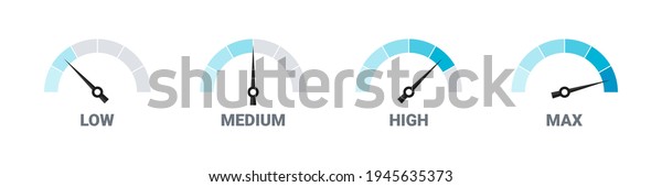 Risk meter. Satisfaction\
meter. Speedometer scale. Set of gauges from low to high. Vector\
illustration
