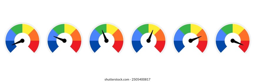 Risk meter vector illustration set color indicated from low to high minimum maximum customer satisfaction speedometer rating level measurement arrow