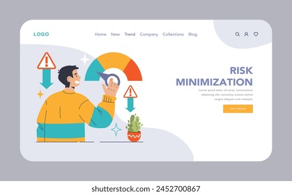 Risk Minimization concept. Man adjusting a meter to lower danger levels, flanked by warning signs. Taking precautions, proactive measures, and ensuring safety in business. Flat vector illustration