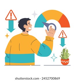 Risk Minimization concept. Man adjusting a meter to lower danger levels, flanked by warning signs. Taking precautions, proactive measures, and ensuring safety in business. Flat vector illustration