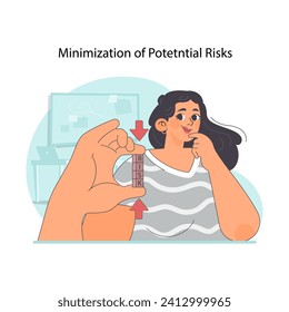 Risk minimization concept. Woman squeezing cubes with fingers. Strategic reduction of uncertainties in problem-solving. Thoughtful contemplation for safer outcomes. Flat vector illustration