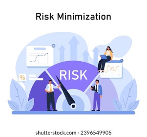 Risk Minimization spotlighted. Professionals navigate financial charts, with rising arrows denoting growth. Compass points to reduced risk. Safety and strategy emphasized. Flat vector illustration.