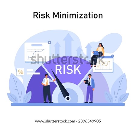 Risk Minimization spotlighted. Professionals navigate financial charts, with rising arrows denoting growth. Compass points to reduced risk. Safety and strategy emphasized. Flat vector illustration.