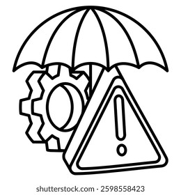 Risk Mitigation icon represented by warning sign, gear, umbrella Line style.
