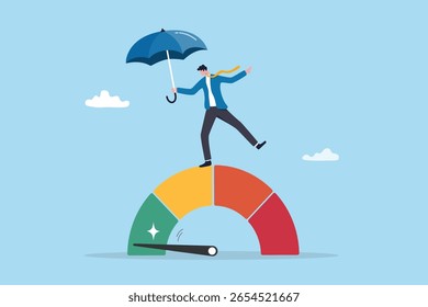 Atenuação de riscos, identificação de ameaças e controle ou prevenção de impacto potencial, redução da chance de falha, incerteza, avaliação do nível de segurança, empresário com guarda-chuva de proteção na medição do medidor de riscos.