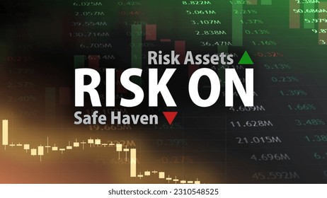 Risk On, trading screen background. Market graph of candlestick and financial quotation. The concept of safe haven weakening and risky assets strengthening. Stock, commodity, and forex markets.