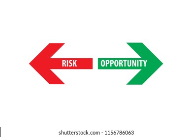 Risk And Opportunity Assessment Red Left Green Right Arrows With White Text On Empty Background. Simple Concept For Pros / Advantages And Cons /disadvantages In Business Planning. Vector Illustration