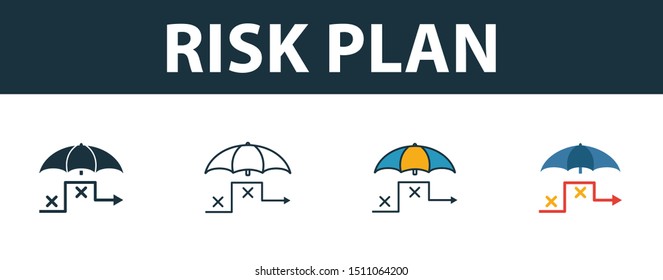Risk Plan icon set. Four elements in diferent styles from risk management icons collection. Creative risk plan icons filled, outline, colored and flat symbols.