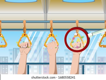 Risk point infectious diseases spread hygiene concept as Handrails on the bus with germ virus and bacteria spreading with illness in public. illustration EPS 10   